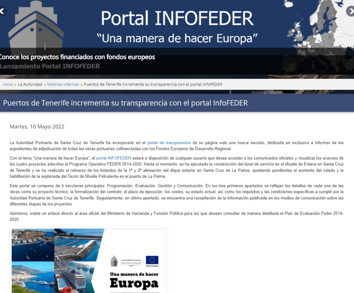 Pantallazo de la noticia del lanzamiento del Portal INFOFEDER en la intranet de puertos